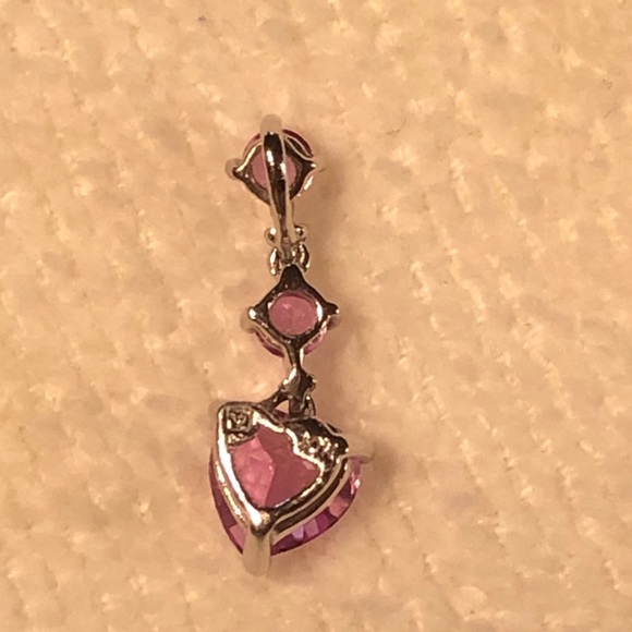 Pink Sapphire Triple Stone Heart Drop Pendant 10K - Picture 3 of 11